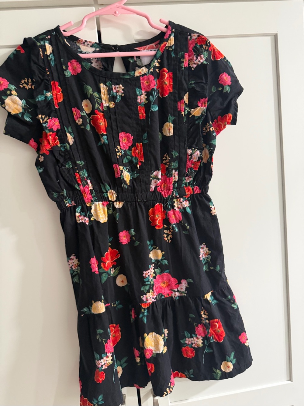 Old Navy Black Floral Short Sleeve Dress with Red & Yellow Blooms